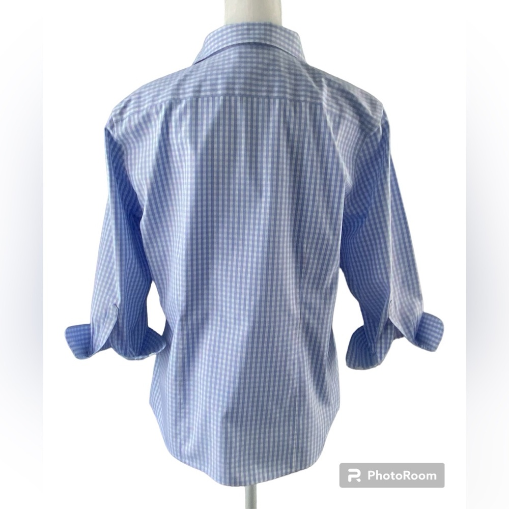 🩵 L.L.Bean Ladies Sz M Wrinkle Resistant Light Blue Gingham 3/4 Sleeved Blouse - Picture 4 of 16